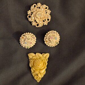 Vintage Carved Celuloid+Rhinestones,Two Brooches, Pair Earrings